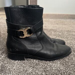 Tory Burch Black Leather Ankle Booties with Gold Accent
